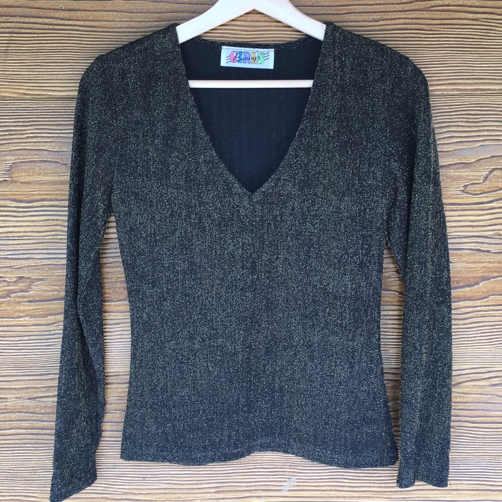 Black Gold Vintage 90s Metallic Long Sleeve V Neck